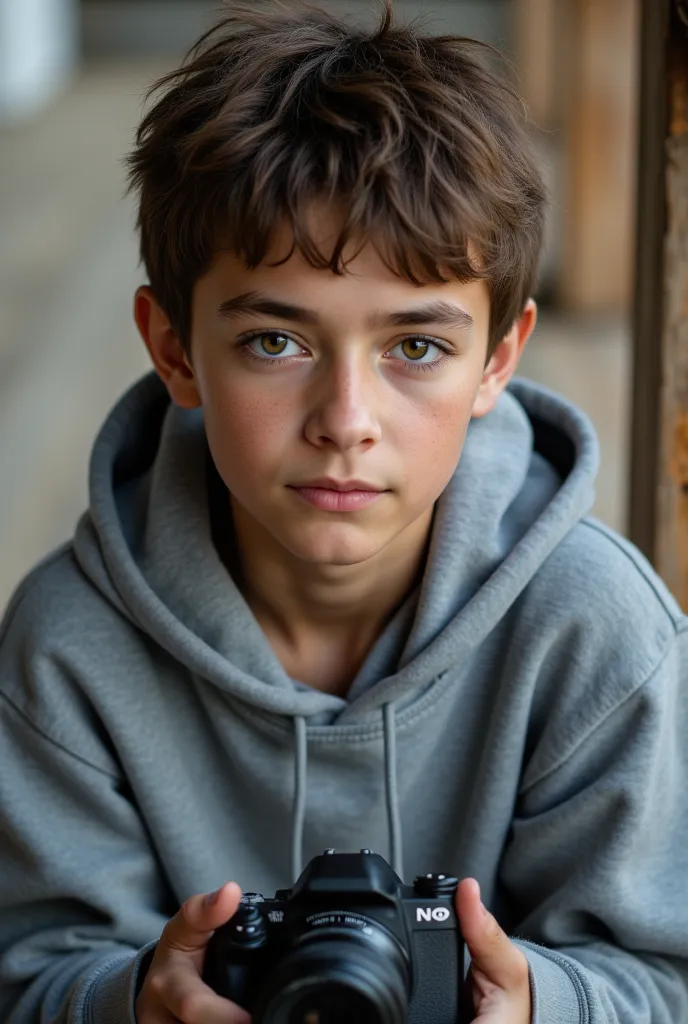 a boy with short brown hair,  light leather balcony, bushy eyebrows pierced,  intense brown eyes . Wide body with a gray hoodie,  without a beard. with a camera in your hands