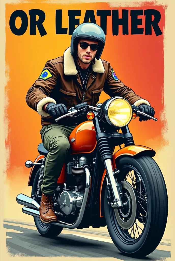  POP ART STYLE . A young man, beautiful, smiling man wears a stylish flight jacket with a Brazilian flag patch on his shoulder, rugged cargo pants,  sturdy boots , a vintage helmet and gloves, and ride confidently on a vintage motorcycle in the colors Zero...