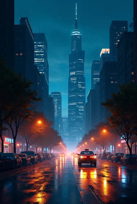 Generate a image of city with buildings and one car in a night view