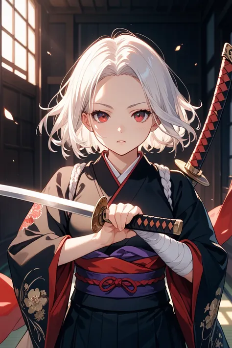 	“White-haired samurai girl, short bob hair, sharp red eyes, wearing a black kimono with a dark hakama, purple obi belt, traditional Japanese warrior outfit, holding a katana with a red and black sheath, hand wrapped in bandages, wiping forehead in a relax...