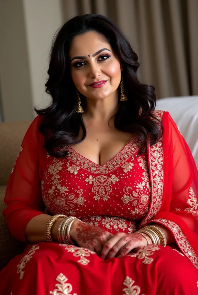 


 ((32K, top-quality:1.5, masterpiece, A high resolution, Photorealsitic)), A beautiful young Pakistan's chubby,40 years old , bindi and light lips woman wearing red bridal lehenga, henna (mehndi) in both hands
Sitting on a chair at home,black thick Hair...