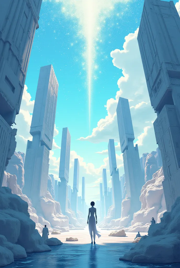 celestial, simplistic, city in the sky, cracked pillars, anime style, heavenly