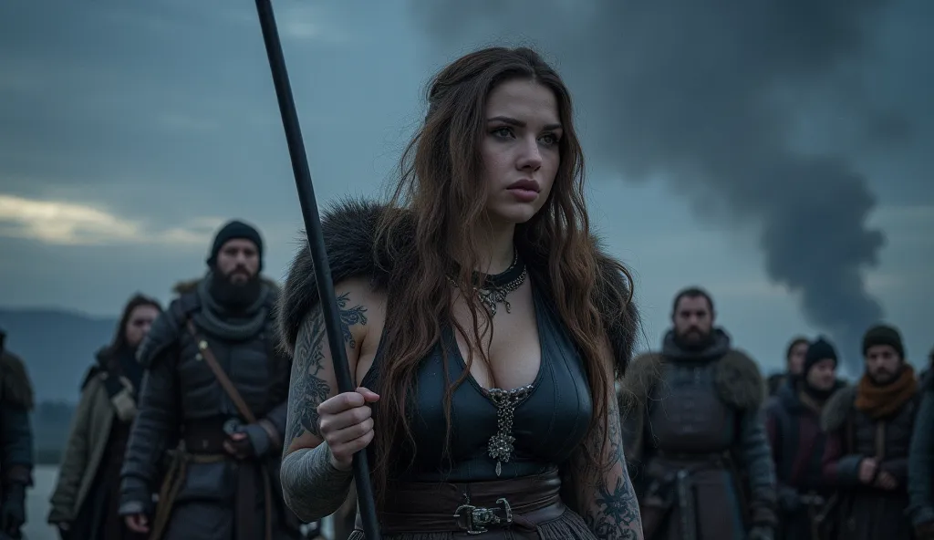 A 24-year-old Viking girl carrying the warriors that surround her into battle, Nordic tattoos. Bold figure. She wears a leather-lined tunic, neckline that highlights her toned arms and tattoos,  as smoke rises into the starry night sky