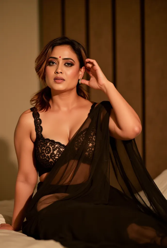 photo of 45 year old Voluptuous Mature Indian aunty with white skin, wearing Transparent black saree and Black sleeveless Blouse, showing her large U cut Cleavage, Red Sindoor on her forehead, Hair messed up, nice curves, sitting on hotel room bed with thi...