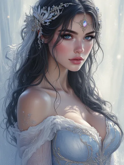 oil painting hyperrealistic fantasy, Beautiful 25-year-old Russian woman with Russian features, Very long and perfectly wavy jet black hair, sapphire blue eyes, shiny reddish lip gloss, white skin de porcelana como muñeca,  pink cheeks, A pearl gray dress ...