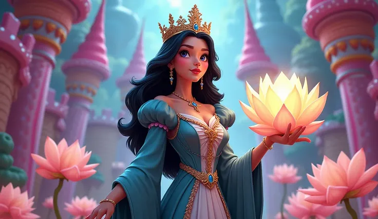 Create a dark-haired cartoon queen in a candy castle with a white lotus flower, bright and big in the hand