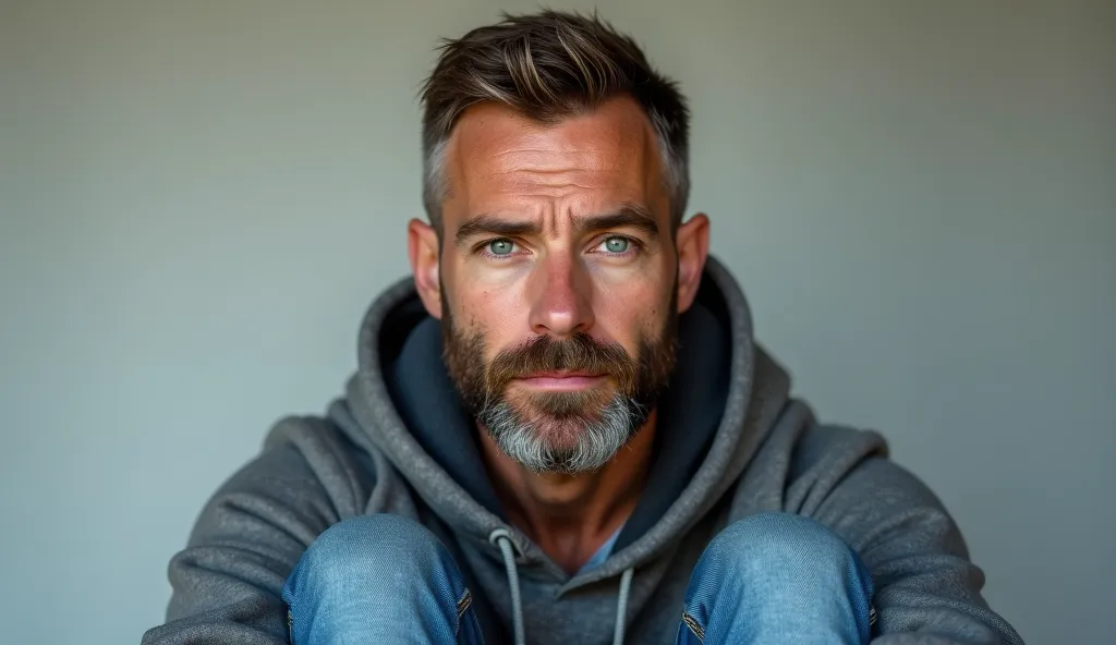 creates a hyperrealistic image of a 32-year-old man, blue eyes, well-groomed beard, light brown hair. He is staring straight into the camera with a sad face. He is wearing a grey hooded jacket, blue jeans and white tennis shoes.



