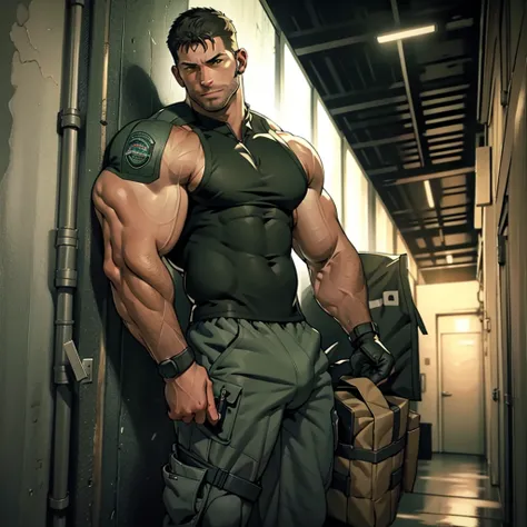 In a masterpiece of high resolution, a 35-year-old man stands alone, elegantly posed against the backdrop of a dark, gloomy hallway. The man is identified as Chris Redfield, renowned for his tactical prowess, and he is dressed in a military tactical suit, ...