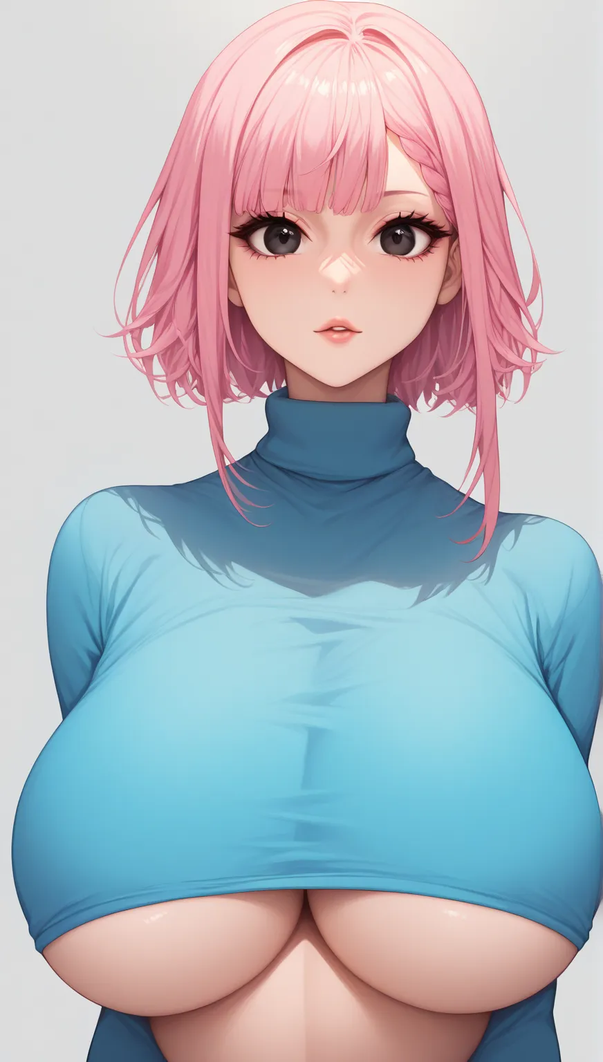 mixed_Art Style , (detailed eyes), (mature woman),  pretty woman,  huge breasts, (pink hair tied behind),  side fringe, ( blue sweater shirt, underboob, calcinha fio dental insinuante ),   black eyes , ultrarealista, huge body