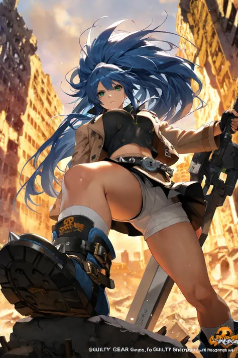 4K, Game's Magazine Cover, Guilty Gear strive Style, 1 girl, solo, chains around her, extreme large Long Messy hair, indigo-blue colored hair, big bosom, buxom, jacket (with impressive details), shirt, spiked belt (large),  skirt, undershorts, spiked boots...