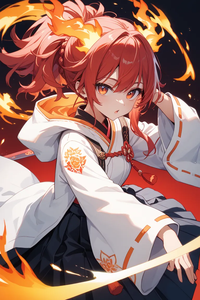 Hairstyle/color ：long red hair、slightly fuzzy texture
 • Eyes：orange-red、Sharp Eyes
 • Outfit：White Japanese-style jacket （Wide sleeves）、black hakama skirt
 • Weapons：equipped with a sword on the waist
 • Accessories：white cloth decoration on the head、red ...