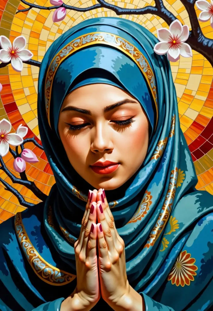 high definition vibrant pure colors , abstract expressionism cubism, , close up hijab woman prayer and enchanted florest, sparks, , blooming floral, Paisley abstract pattern, swirling, filigree, filled with details, waterfall drops, emotionally expressive ...