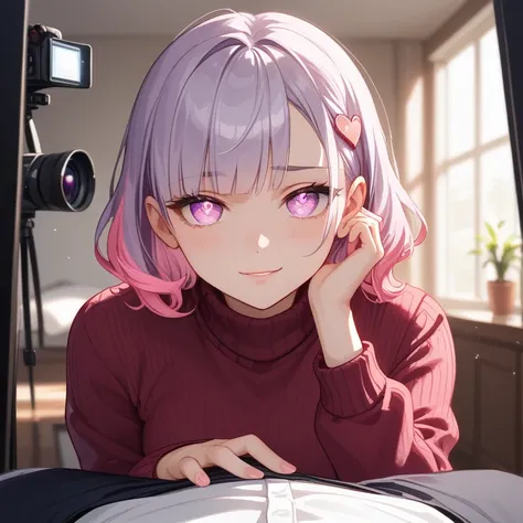 masterpiece, best quality, official art, extremely detailed CG unity 8k wallpaper, cinematic lighting, POV, looking directly into the eyes, a young anime girl with disheveled lavender hair (subtle pink highlights), sitting very close to the viewer, leaning...