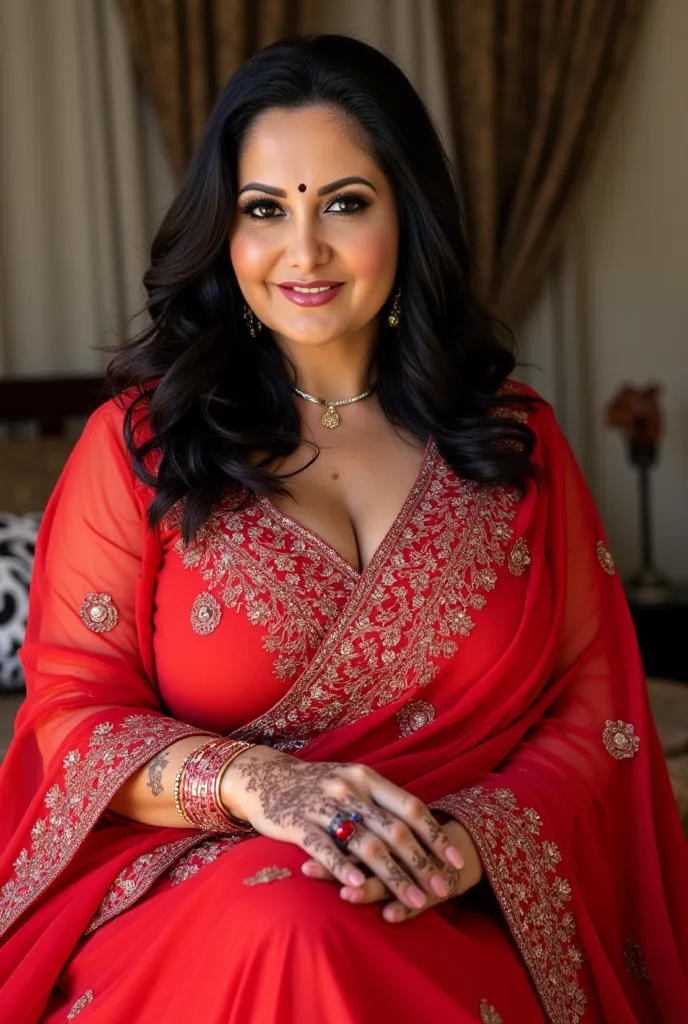 


 ((32K, top-quality:1.5, masterpiece, A high resolution, Photorealsitic)), A beautiful young Pakistan's chubby,40 years old , bindi and light lips woman wearing red bridal lehenga, henna (mehndi) in both hands
Sitting on a chair at home,black thick Hair...