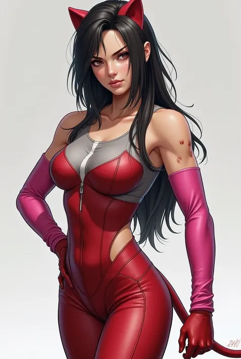 The image shows an androgynous looking character with fair skin and an athletic body. She has long, slightly messy hair, predominantly dark, but with a white patch highlighted on the front. Her face has a serious and determined expression,  with thick eyeb...