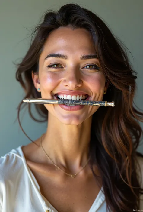 Generate a woman smiling proudly displaying an intricate pen permanently glued between her teeth 