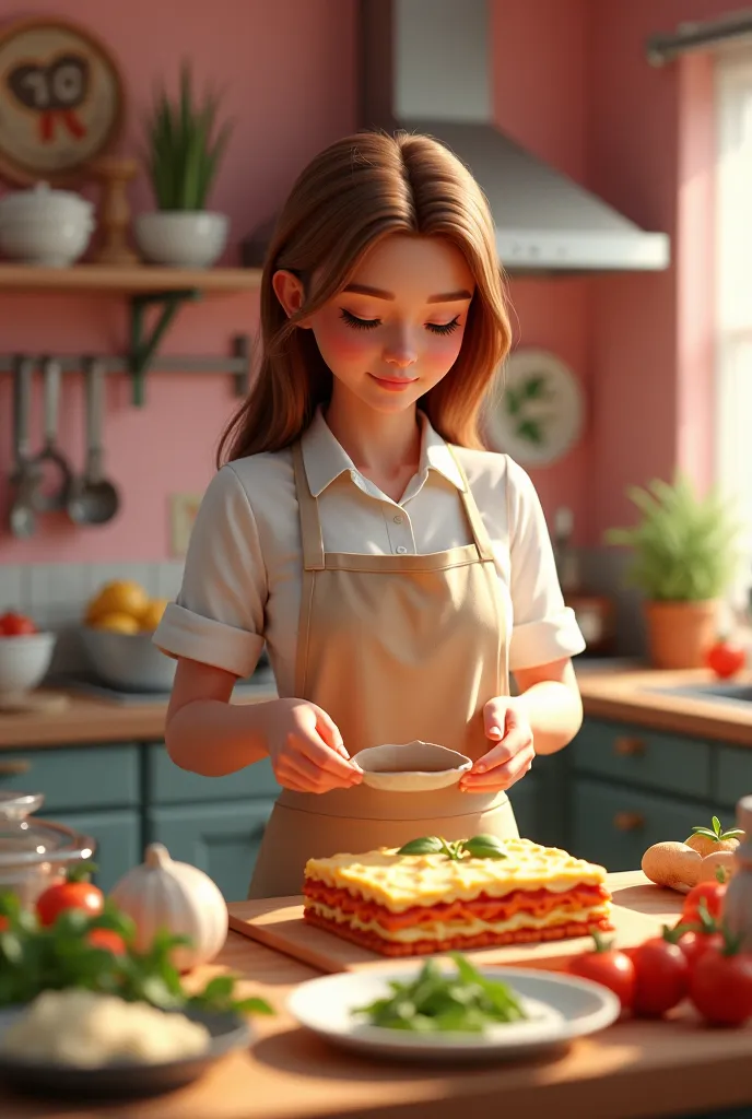 3D poster capturing a scene of a girl in the kitchen preparing lasagna and homemade food with the colors pink and black, White girl with brown hair, bright brown eyes 