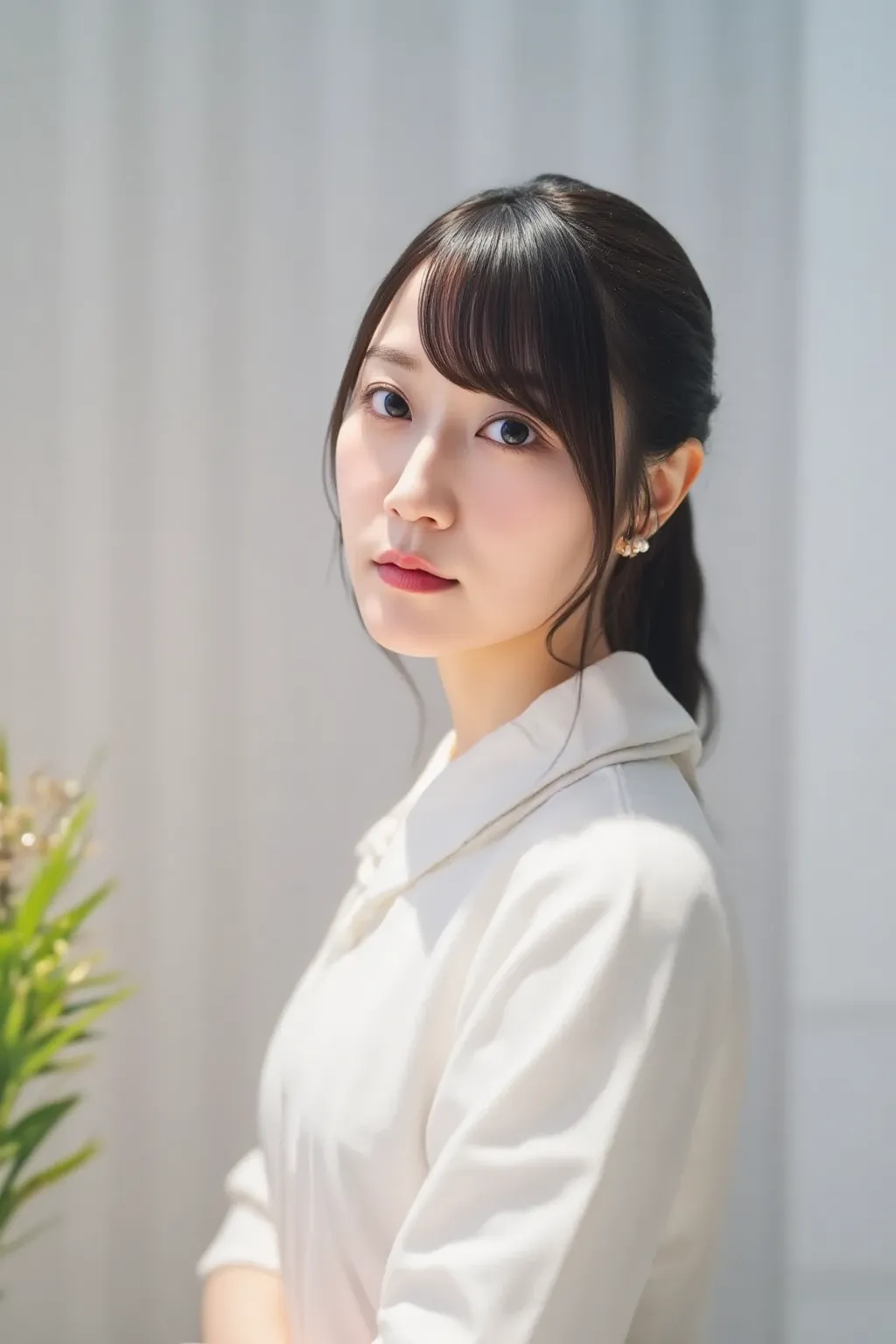 ((Best Quality, 8k)),perfect style, highly detailed face and skin textures, double eyelids, small bust, left and right name color、Sebaceous reflex、bangs,a long time、 faces are very realistic 、bright eyes、and stare at the audience、 VERY REALISTIC SKIN 、 Bac...