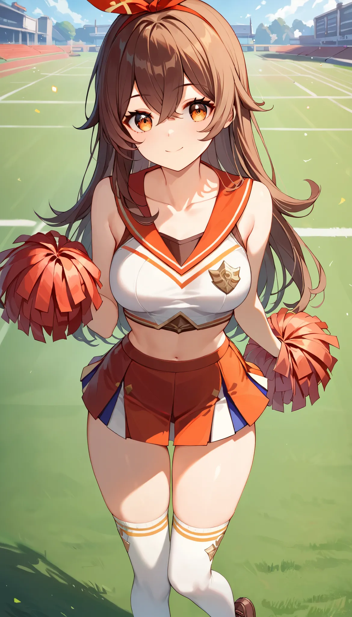 score_9, score_8_up, score_7_up,source_anime, high res image,masterpiece,best quality,girl,cute face,clear skin,amber_genshin, cheerleader, collarbone, light smile, school field, thigh socks