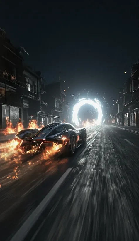 A car driving into a glowing portal. The car leaves a pair of fire trails behind on the road. on a long street at night