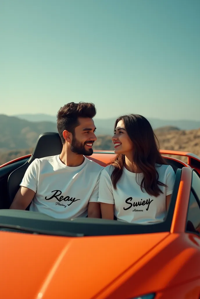 Cute couples waring tee shirt their names Ricky and Priyanka sitting in lamborghini car