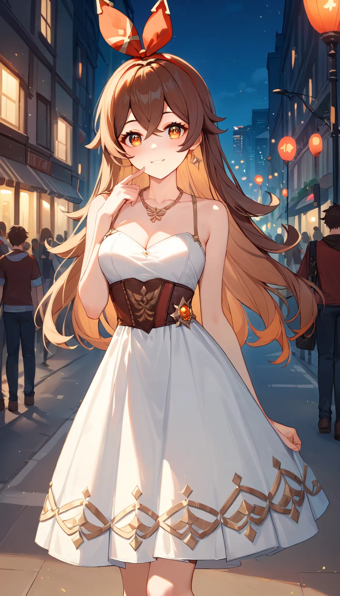 score_9, score_8_up, score_7_up,source_anime, high res image,masterpiece,best quality,girl,cute face,clear skin,amber_genshin, blush, light smile, night, city street, crowd, prom dress, necklace, jewelry