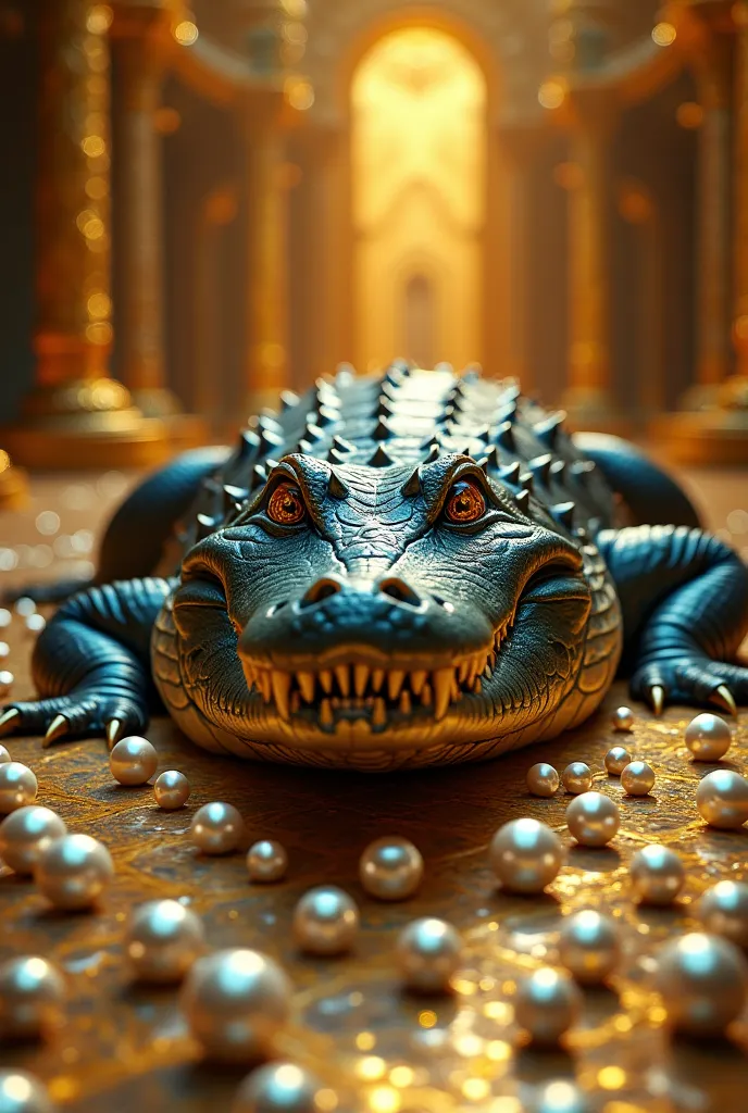 I want a picture of a dark blue alligator whose house is golden and full of pearls 