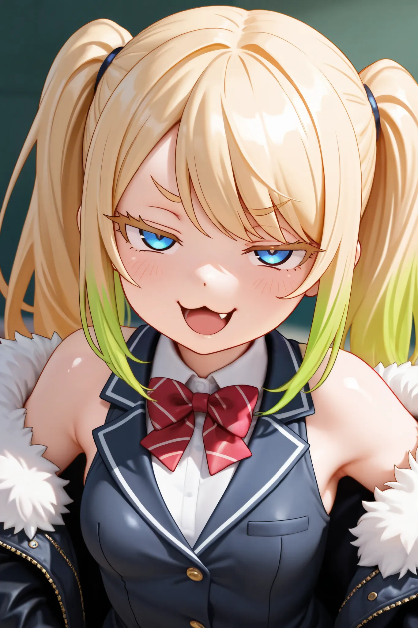 Masterpiece, detailed, high resolution illustration, 1 girl, Small breasts, blonde hair, blonde eyelashes, blonde eyebrows, mesugaki, twintails, swept bangs, blue eyes, fur trimmed puffer jacket, school uniform, thick thights, shiny skin, green highlighted...