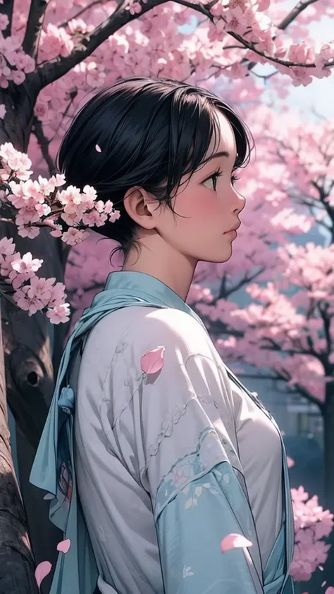  Anime style, a quiet spring day, sakura petals slowly fall from the branches wood, soft pink petals float smoothly through the air, sunlight breaks through the branches, warm and peaceful atmosphere, high detail,  cinematic composition , style aesthetics ...