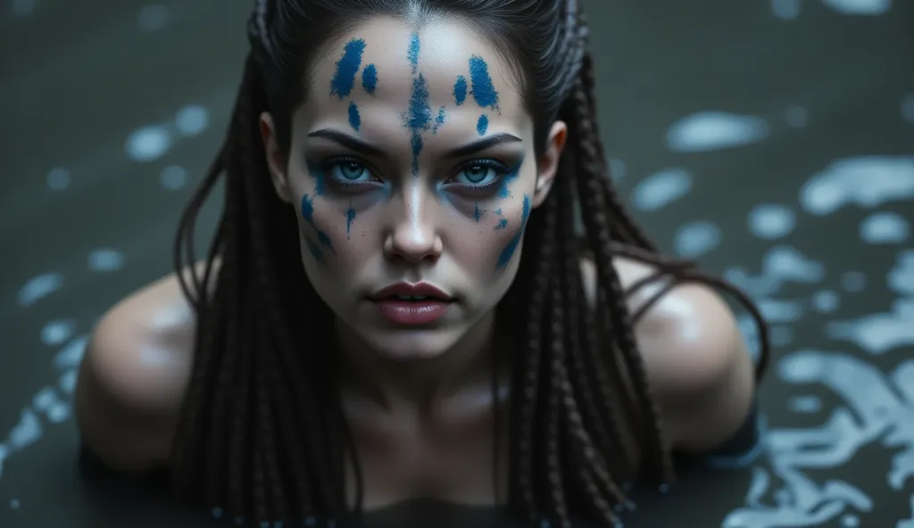 Angelina Jolie, 1girl film photo in Hellblade: Senua&#39;s sacrifice, emerging from the black mud, long hair with dreadlocks, blue war paint, fading paint,  angry expression ,  dirty face , finely detailed eyes, moody, viking clothing, epic scene,  epic co...