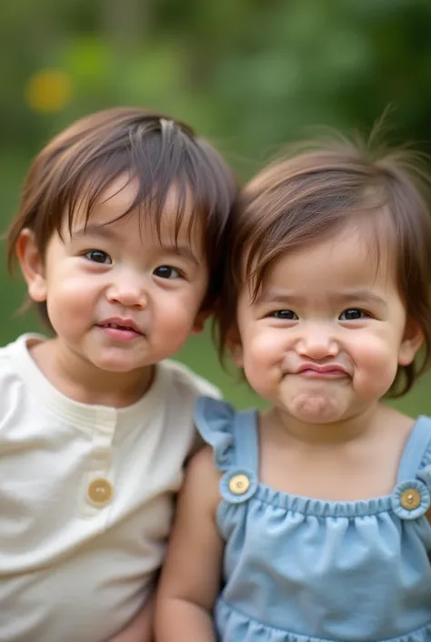 Two s aged 8 months and one year old with short, brown hair make faces while squinting their noses.,  photo shoot ,, free breasts, grimace,  angry, 