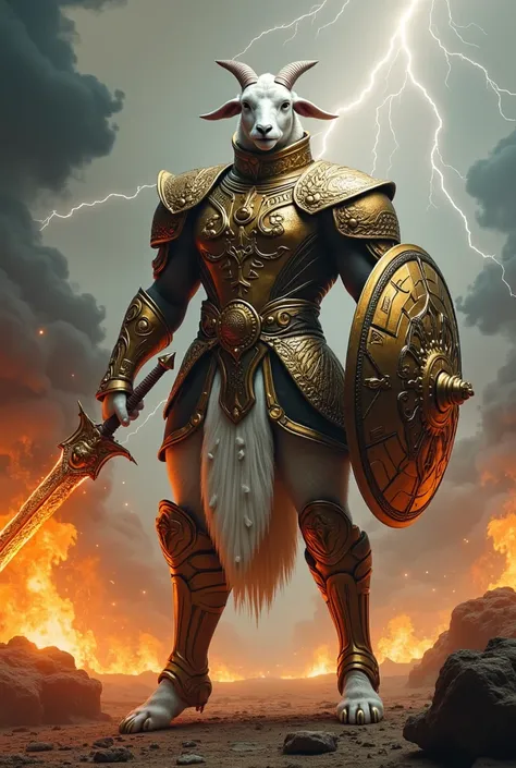 Generate full body image in HD of a white sheep in human form , with a bronze shield , with a fiery sword, And a big gold shield  , Flames coming out of the ground, with lightning in the background , 