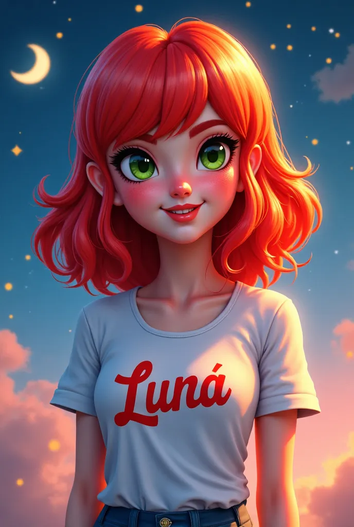 CUTE RED-HAIRED FEMALE GAMER CHARACTER WITH NAME ON THE LUNA SHIRT 