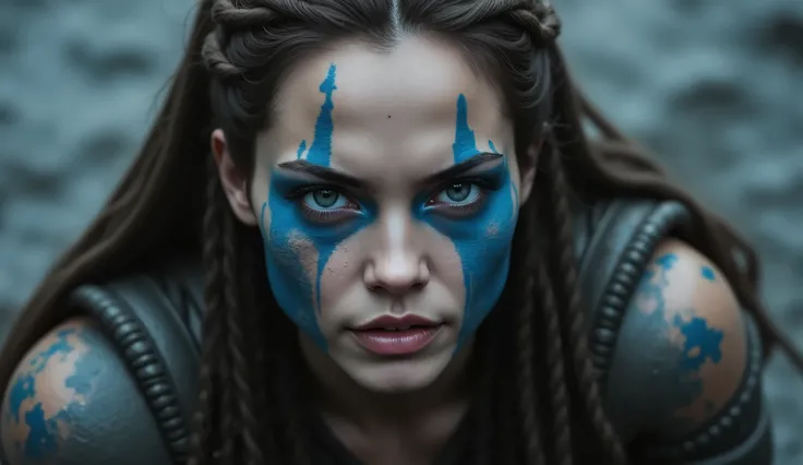 Angelina Jolie, 1girl film photo in Hellblade: Senua&#39;s sacrifice, emerging from the black mud, long hair with dreadlocks, blue war paint, fading paint,  angry expression ,  dirty face , finely detailed eyes, moody, viking clothing, epic scene,  epic co...