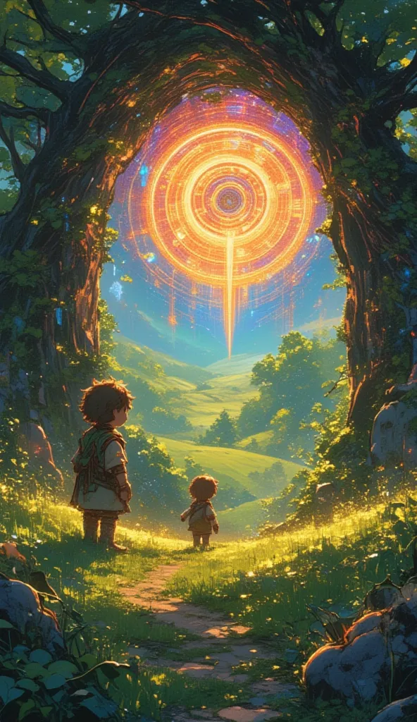 A hobbit looking at a magical portal. The portal is glowing with psychedelic geometry patterns in it.