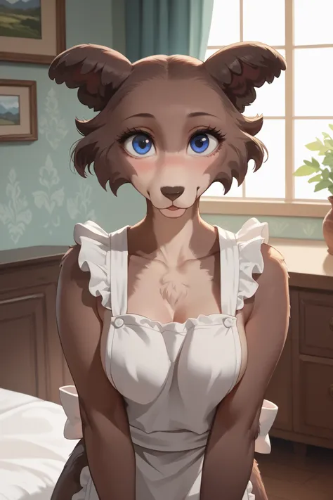 eastnik_anime, fluffy, detailed background, Bedroom, lighting, (full view :1.1) brown fur, blue eye color, fluffy 3,0, female, top view, wearing an apron on her naked body, turn red, lustful look
