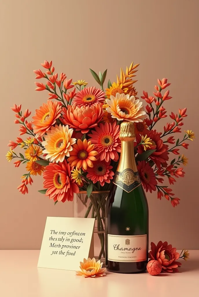 Create a bouquet of flowers with warm colors.
The bouquet should be pretty big, a premium champagne near it. Make sure there is no text in the image
