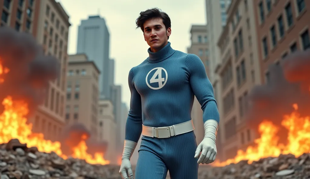 Realistic and cinematic image. Mister Fantastic[a] character Dr. Reed Nathaniel Richards from the fantastic four. Black hair and gray on the side. Wearing a light blue suit costume with vertical stripes made of knitted fabric, white gloves, white belt, whi...