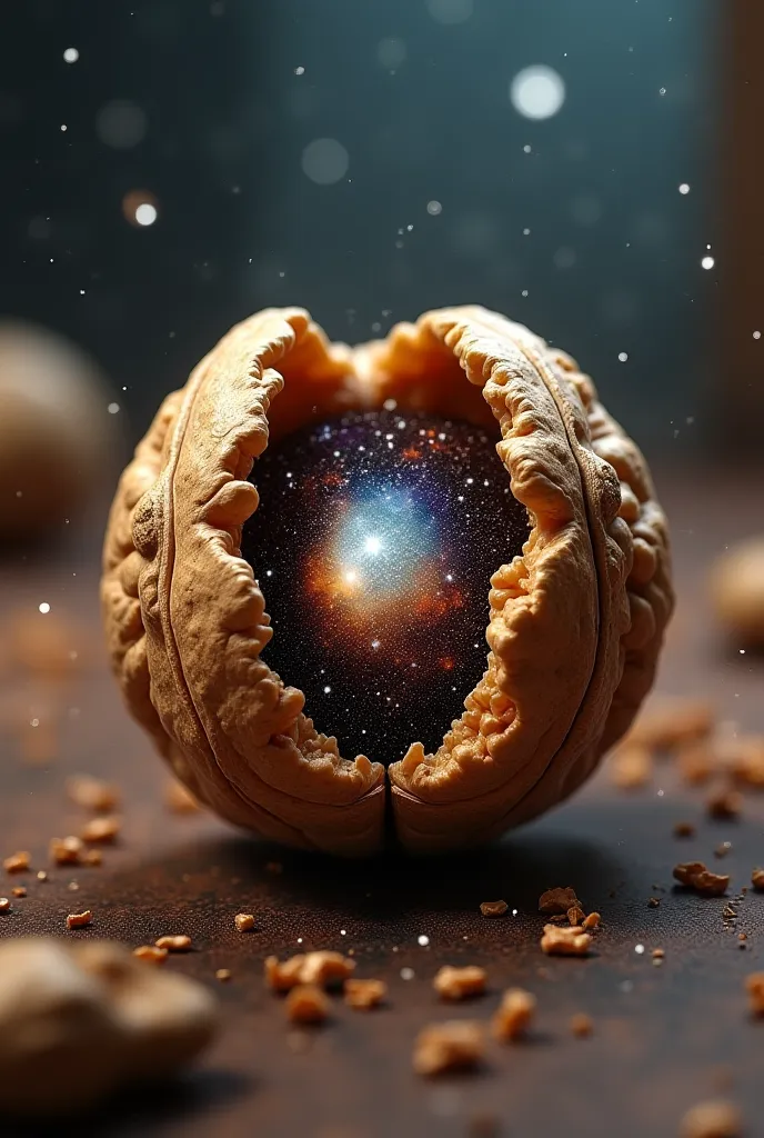 A realistic picture that expresses the sentence of the universe in a walnut shell and the picture says the universe in a walnut shell 