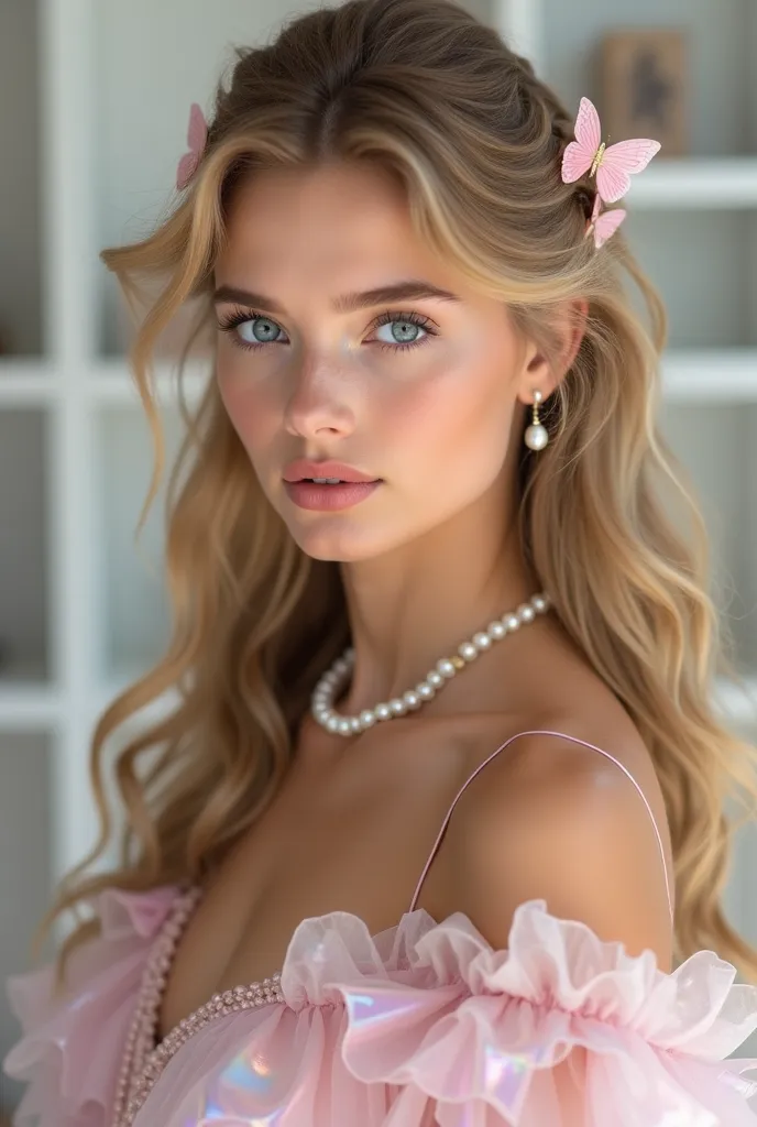 A stunning young woman with long, wavy blonde hair styled half-up, adorned with delicate pink butterfly clips. Her blue eyes are striking, and her glossy lips reflect the soft light. She has a flawless, sun-kissed complexion with a subtle blush. She wears ...