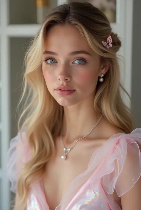 A stunning young woman with long, wavy blonde hair styled half-up, adorned with delicate pink butterfly clips. Her blue eyes are striking, and her glossy lips reflect the soft light. She has a flawless, sun-kissed complexion with a subtle blush. She wears ...