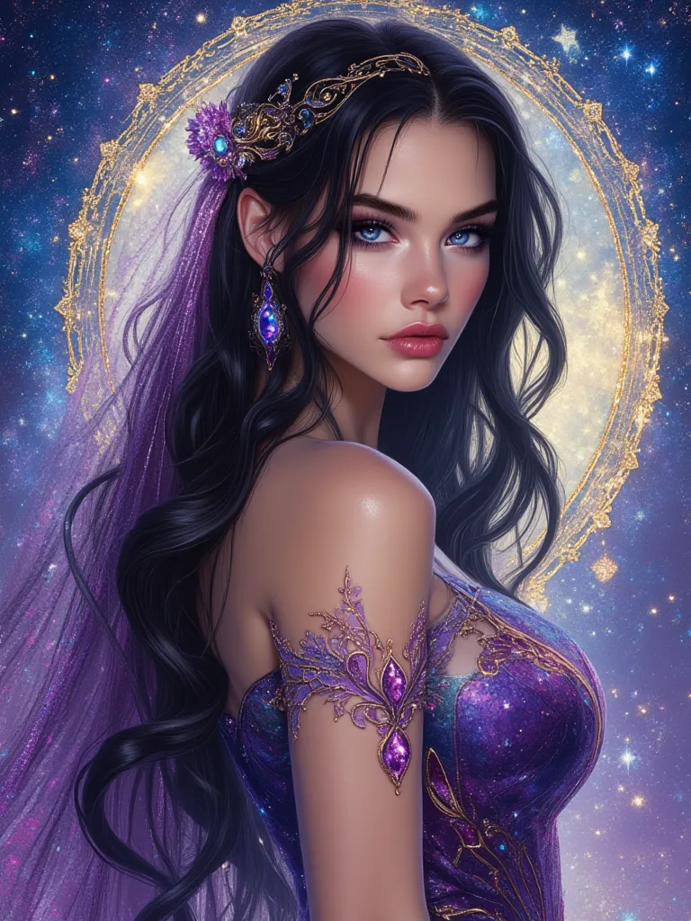 oil painting hyperrealistic fantasy, beautiful 25-year-old Russian woman with Russian features, Very long and perfectly wavy jet black hair, sapphire blue eyes, shiny reddish lip gloss, white skin de porcelana como muñeca,  pink cheeks, A dress that change...