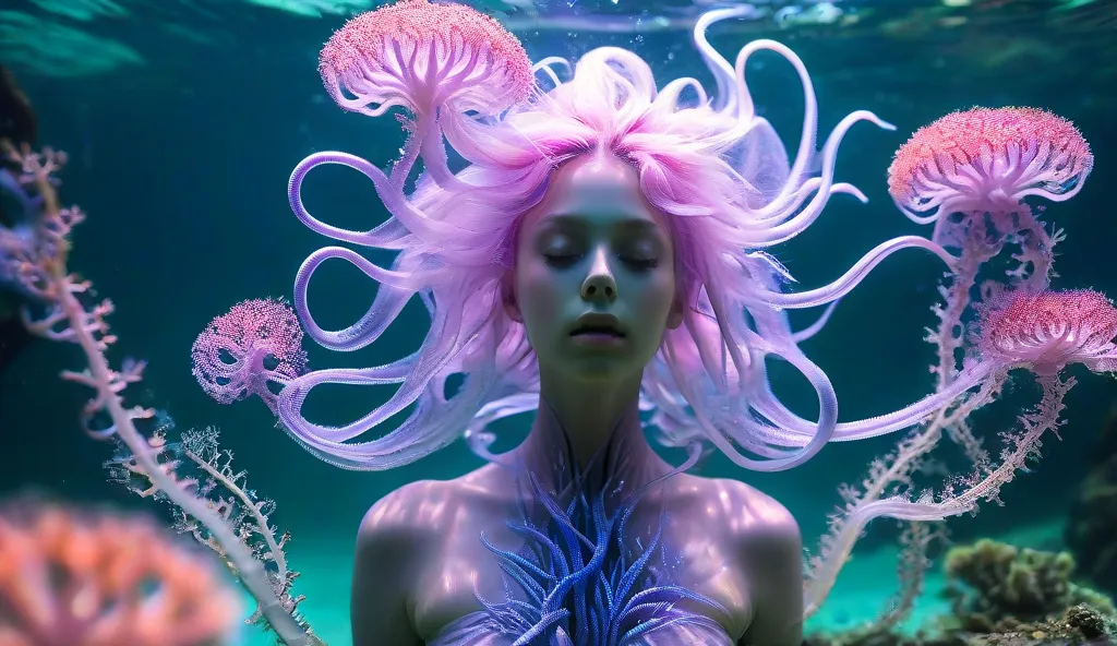 Hr giger inspired Surreal underwater photo of a pale goddess with hair intertwined with corals and seaweed, gently swaying undulating hair, tendrils erupting from the skin, octopus suckers covering the body that is naked, swimming unusual and ethereal this...