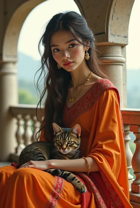 There will be a beautiful fair girl, the girl will be wearing a saree, there will be a cat on her lap, the girl will be standing next to the balcony with the cat.