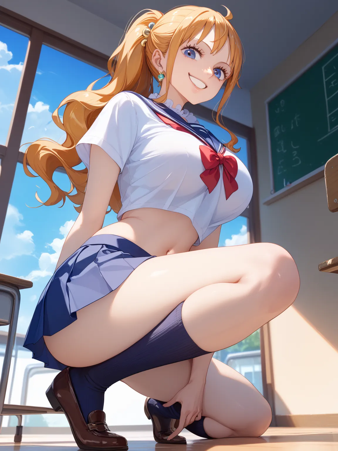 masterpiece, （ high image quality :1.2） ,  Best Quality,8k,(We)、 1 BEAUTIFUL ADULT WOMAN  、、 Beautiful orange long hair 、（  tattoo on one piece's left shoulder :1.2）、 ponytail、

high school uniform（white shirt with white collar、 red ribbon、black sweater、be...