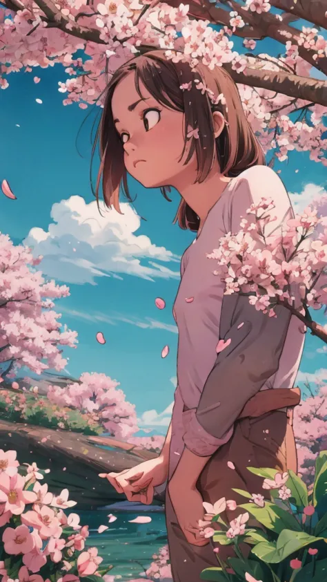  Anime style, a quiet spring day, sakura petals slowly fall from the branches wood, soft pink petals float smoothly through the air, sunlight breaks through the branches, warm and peaceful atmosphere, high detail,  cinematic composition , style aesthetics ...