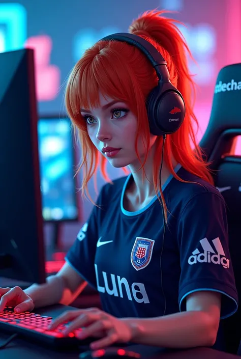 RED-HAIRED FEMALE GAMER CHARACTER WITH A NAME ON THE LUNA JERSEY 