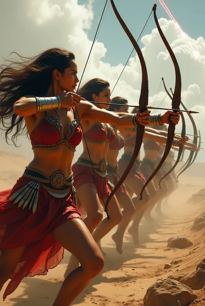 A row of beautiful latina warrior women, wearing loincloths, silver bracelets, launching arrows on a battlefield, laser beams flying through the air toward them