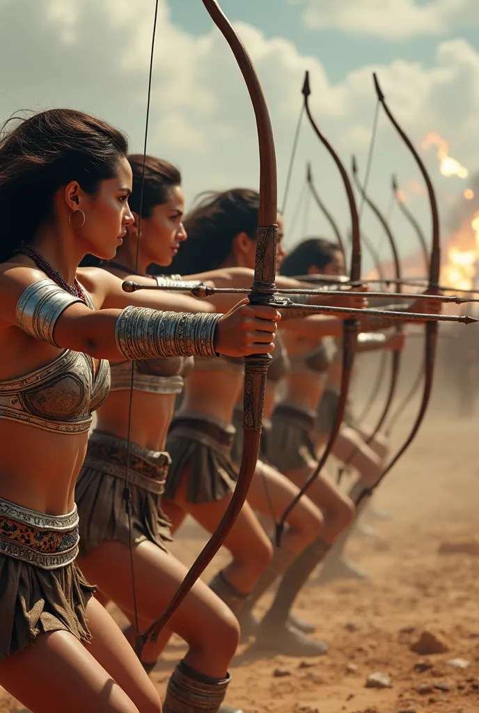 A row of beautiful latina warrior women, wearing loincloths, silver bracelets, launching arrows on a battlefield, laser beams flying through the air toward them