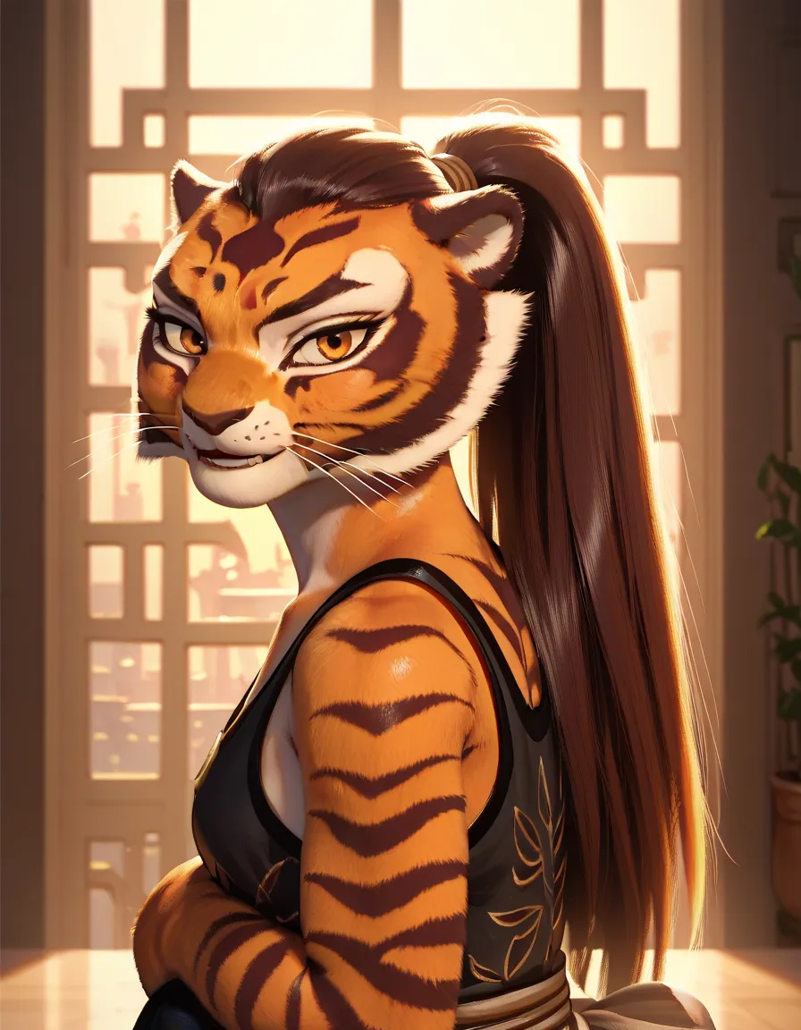 master tigress,,sexy,ultra-detailed, 8K, UHD, HD, high resolution, sharp focus, crisp details, best quality, girl, ponytail, looking at the viewer, 
